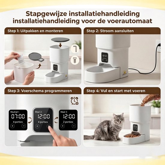 Stap-voor-stap installatie van de automatische voerbak: uitpakken, stroom aansluiten, voerschema programmeren en vullen.