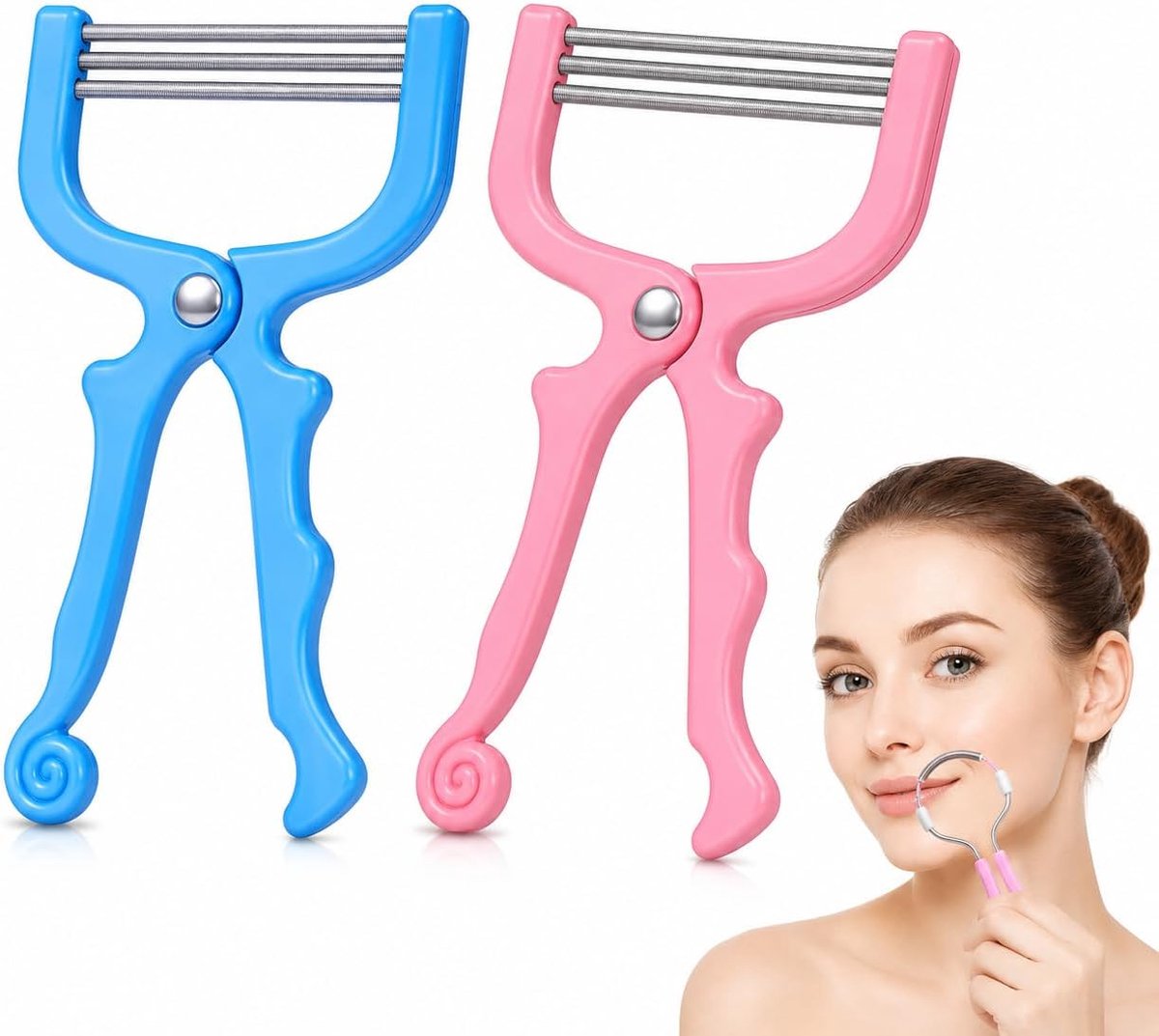 SnelShoppen - 2 stuks gezichtshilator voor vrouwen, handmatige epilator met veer, veilig en zacht voor voorhoofd, wangen en bovenlip, roze en blauw, i