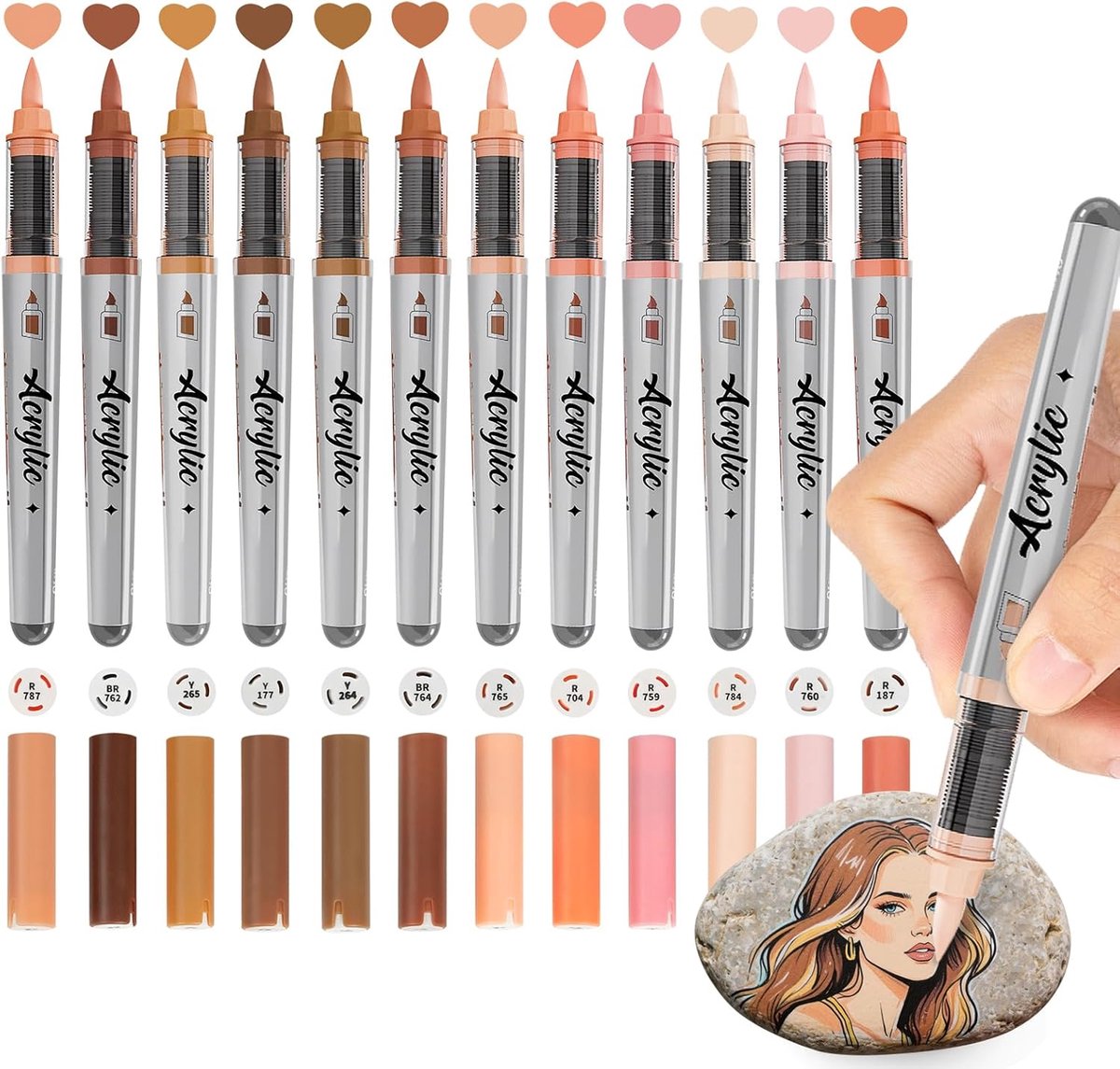 SnelShoppen - 12 Acrylic Markers Huidtinten – Perfect voor Portrettekenen, Figuren Schetsen & Karakterkunst, Brush Tip, Waterbasis, Sneldrogend, Water