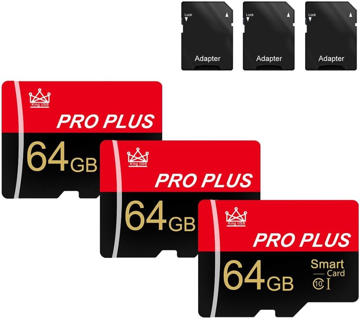 SnelShoppen - 3 Pack 64GB Geheugenkaarten met Adapter, Hoge Snelheid UHS-I C10 A1 Geheugenkaart voor Tablet, Smartphone, Camera, Auto Audio, Game Cons