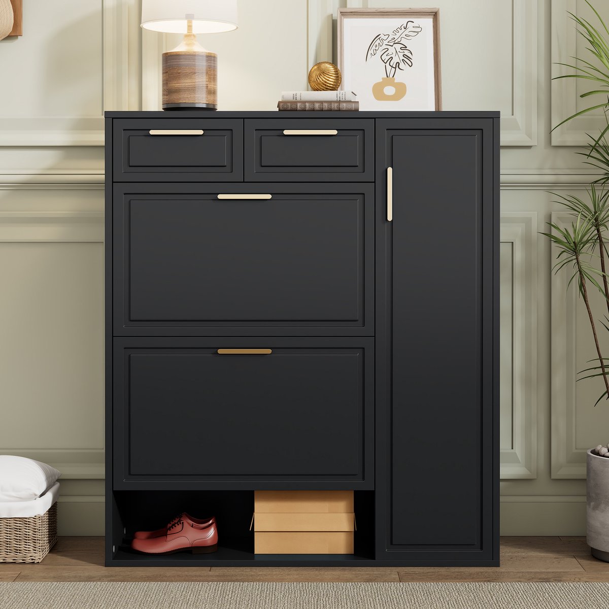 COVREO Schoenenkast 95 x 24 x 107 cm – zwart, met lades, verstelbare planken en deuren
