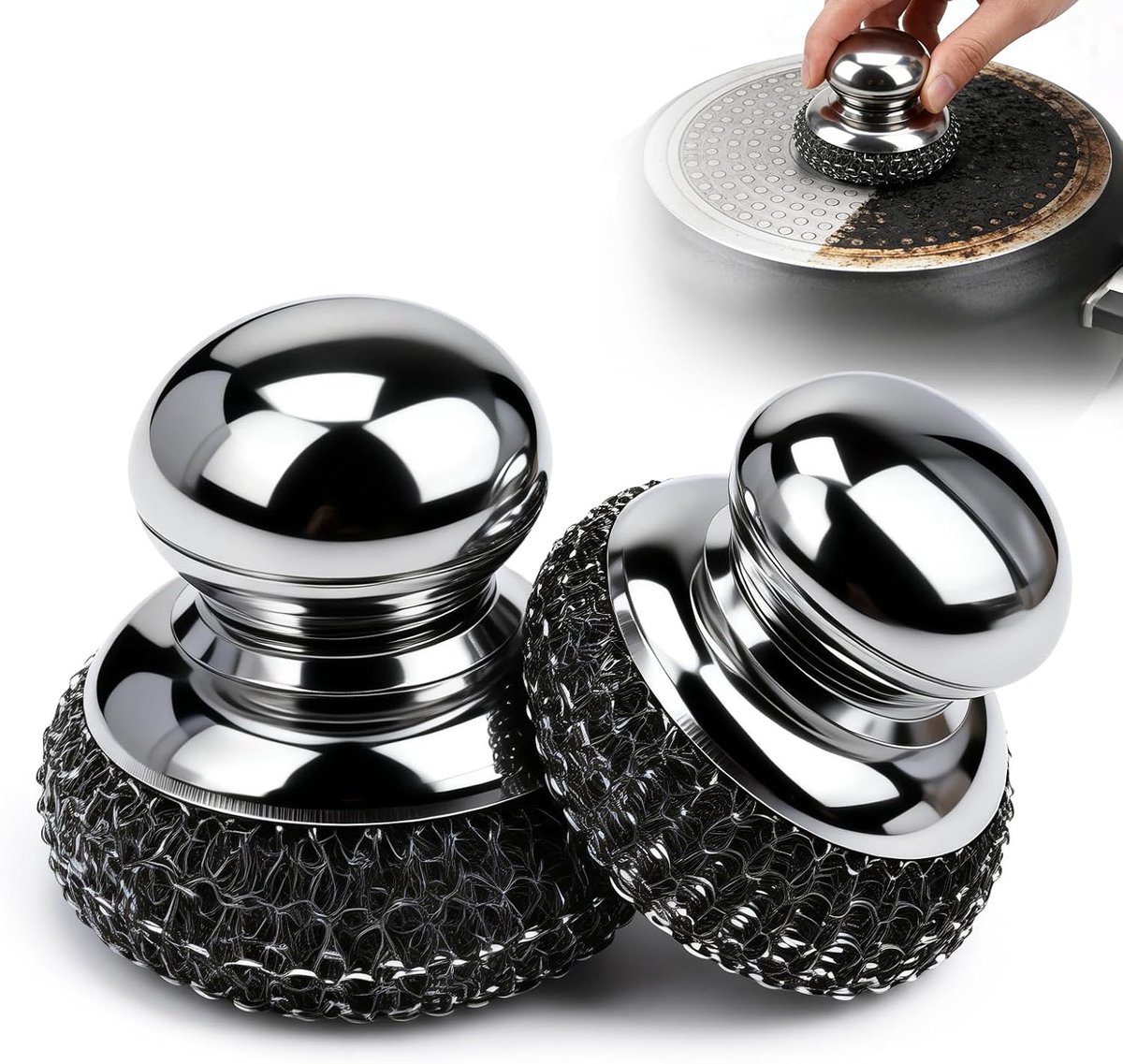 SnelShoppen - 2 stuks Roestvrijstalen Pannenborstels met Verwisselbare Borstelkop, Duurzame Afwasborstel voor Pannen, Potten & Oven, Ergonomische Hand