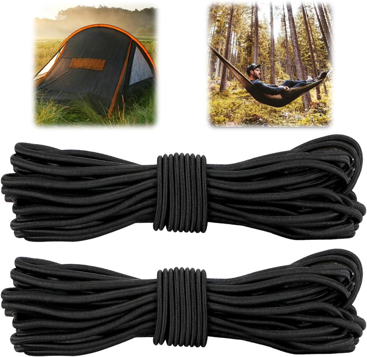 SnelShoppen - Pack van 2 Rubber Rope 4 mm x 10 m - Zwart Rubberkoord, UV-bestendig, 100% Rekbaar, Perfect voor Tent, Banner, Zeilen en Camping