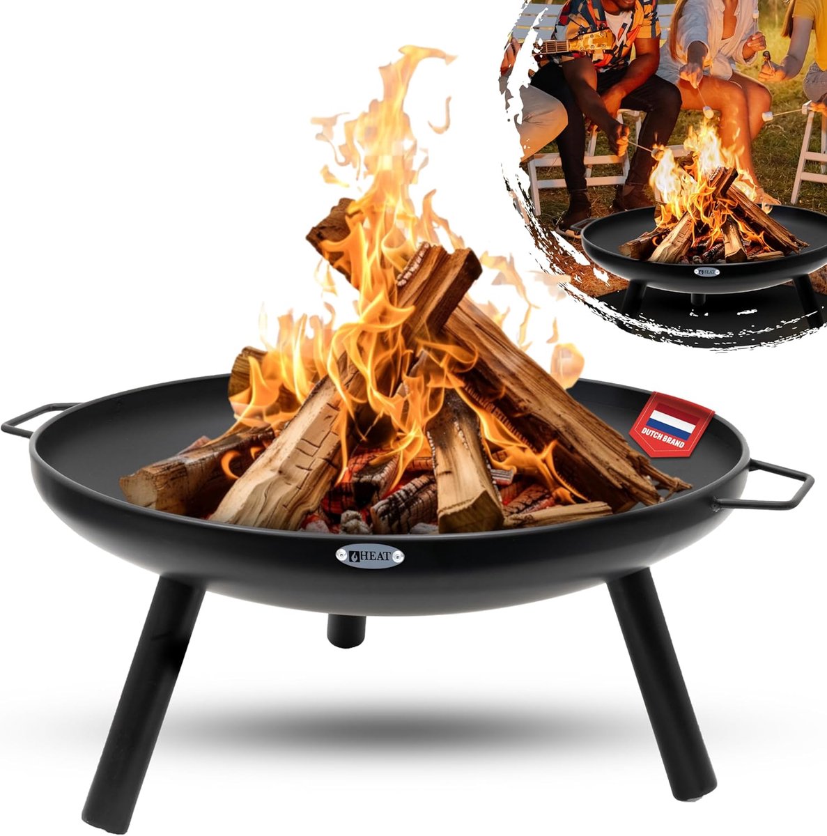 SnelShoppen - Heat Fire Bowl Zwart Ø60 cm met Stevige Poten en Handvatten - Tuin Fire Bowl 60 cm - Gezellig Buiten Vuurkorf voor Camping en Tuin