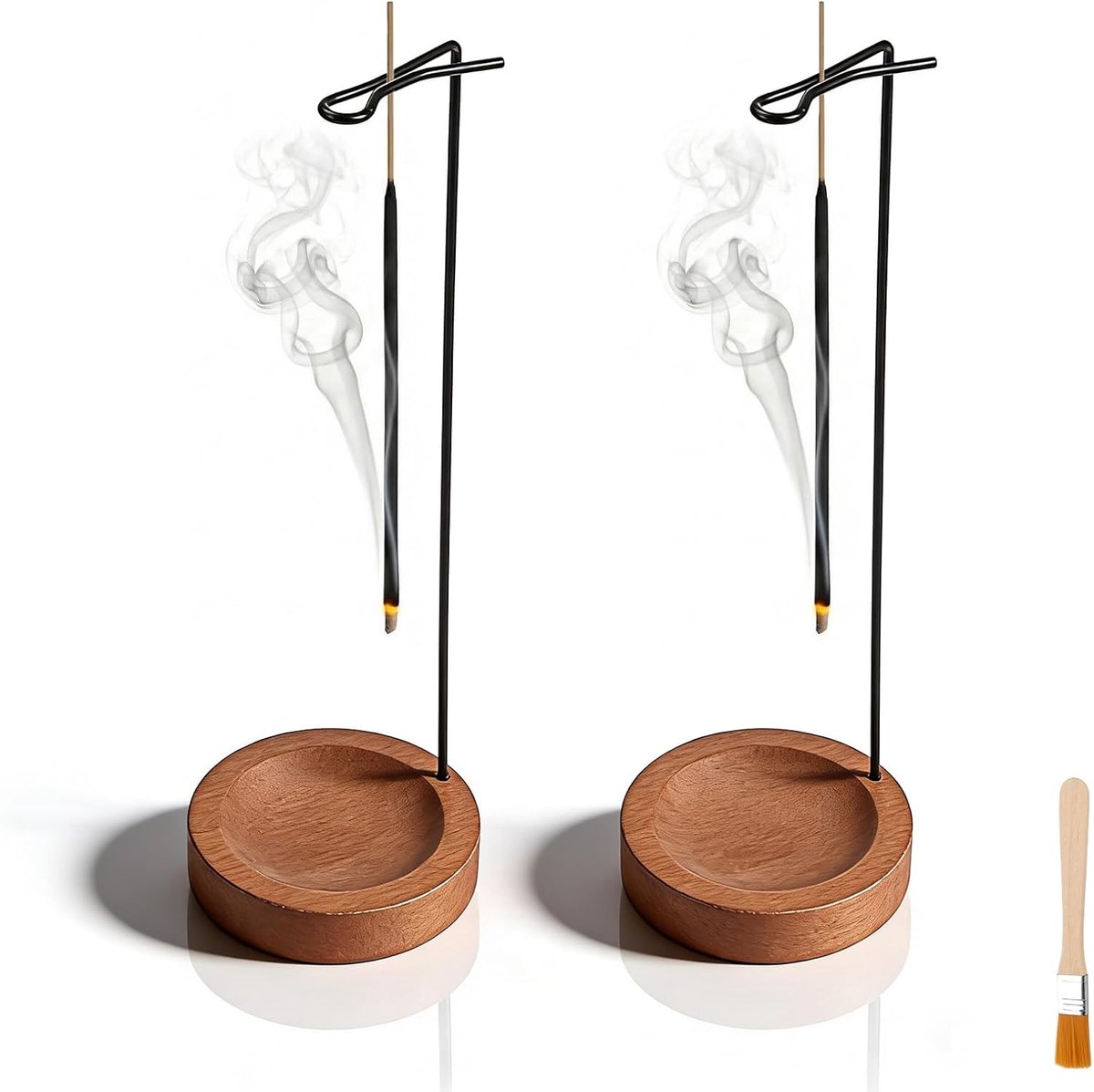 SnelShoppen - 2 Stuks Houten Incense Stick Houder Set - Handgemaakte Houten Basis met Zwarte Kegelvormige Spiralen - Ideaal voor Meditatie, Aromathera