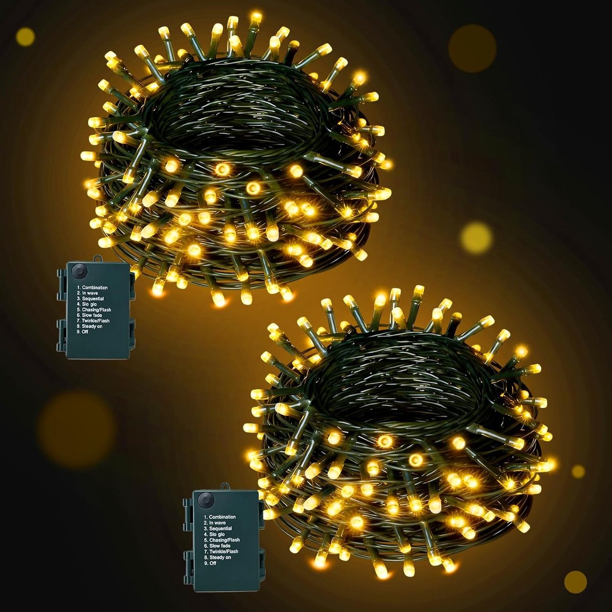 SnelShoppen - 10m 100 LED Fairy Lights Warm Wit, 2 Stuks, Buiten Kerstverlichting, Batterij, Timer en 8 Modus, IP44 Waterproof voor Feest, Bruiloft, K
