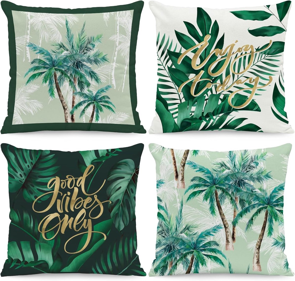 SnelShoppen - Kussenslopen 45 x 45 cm set van 4, botanische palmbomen, groene bladeren, zachte decoratieve kussenslopen voor bank, slaapkamer, woonkam