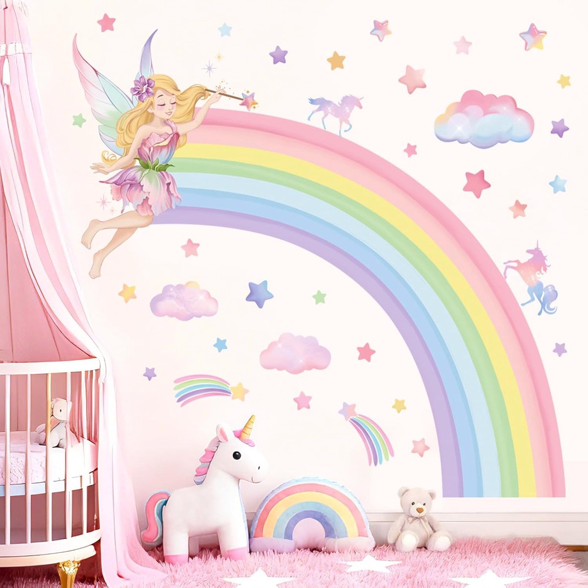 SnelShoppen - Grote Regenboog Wandstickers voor Kinderen - Plak en Stick Muurdecoratie met Feeën, Wolken en Sterren - Veilig PVC - Ideaal voor Baby- e