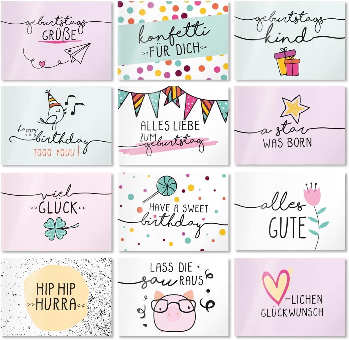SnelShoppen - 24-delige ansichtkaartenset, kleurrijke mix met verjaardagsgroeten, multicolour, DIN A6 formaat, wenskaarten, motivatiekaarten, verjaard