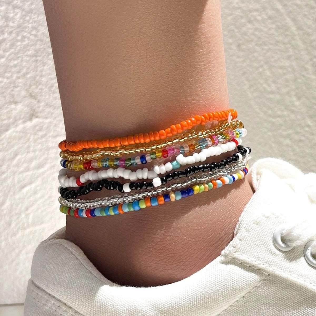 SnelShoppen - 7-delige Handgemaakte Bohemian Enkelbandjes Set met Kleurige Kralen - Elastische Voet Sieraden voor Vrouwen en Meisjes - Perfect voor Zo