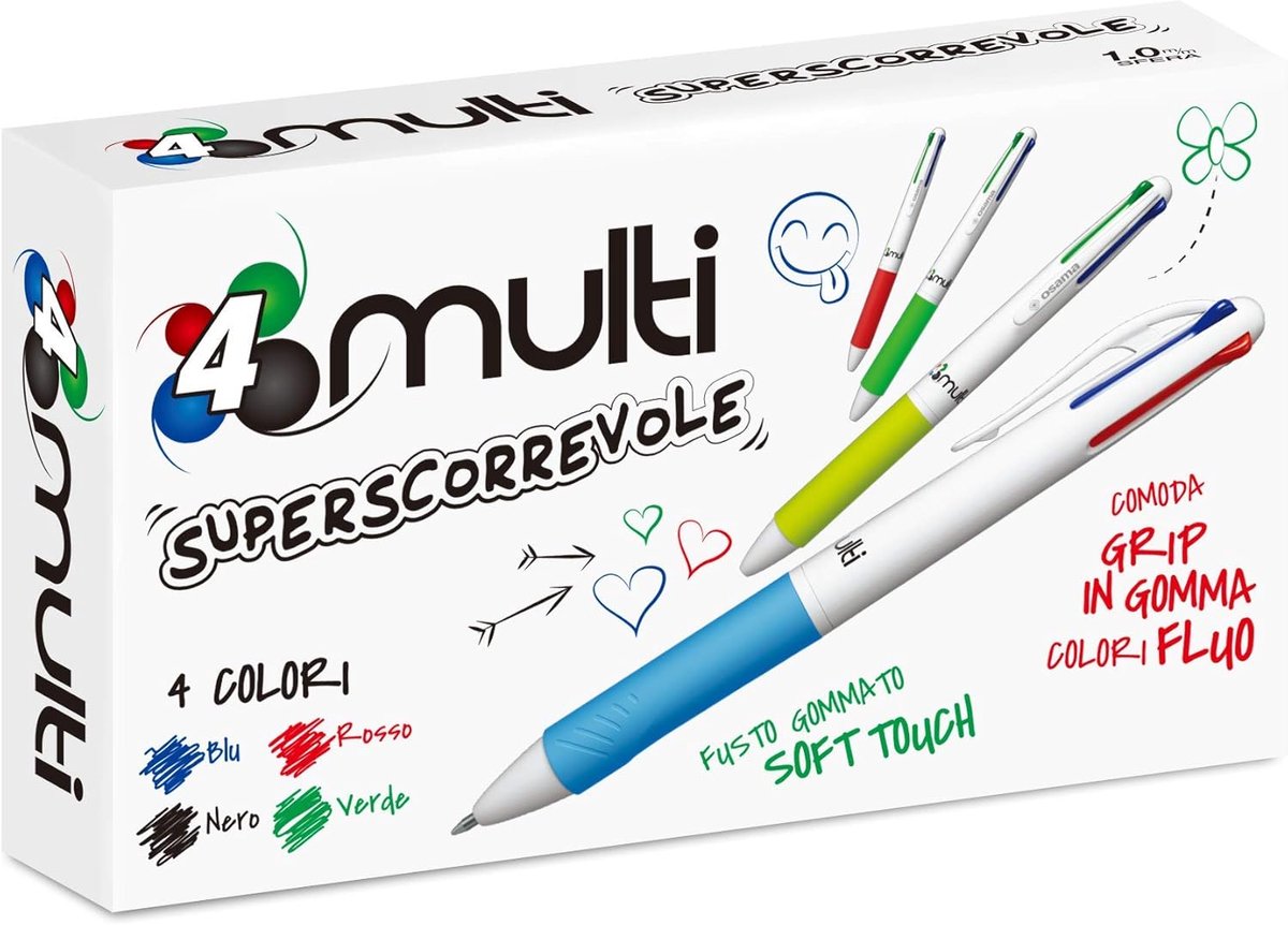 SnelShoppen - Multicolour Balpen Set met 4 Kleuren, 12 Stuks, 1 mm, Zwart, Blauw, Rood en Groen Inkt, Ideaal voor Kantoor, School en Universiteit