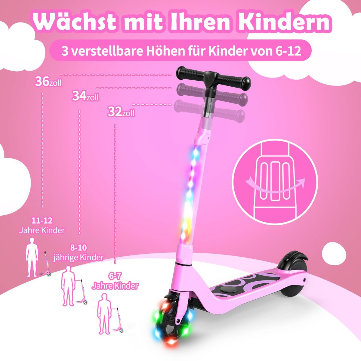 SnelShoppen - Elektrische E-step voor Kinderen 6-12 Jaar met Knipperende LED Lampen, 3 Hoogtes, 10 km/u, 45W Motor, Max 70 kg, Veilig en Robuust