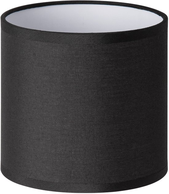 Abat-jour cylindrique en tissu noir avec intérieur blanc, sur fond blanc.
