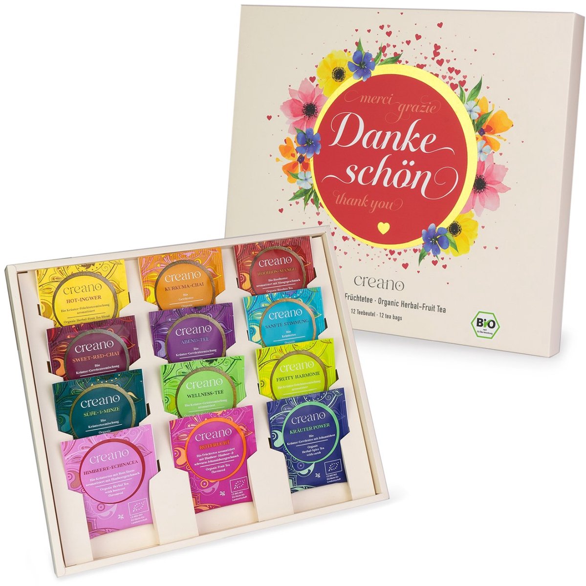 Creano biologische kruidenthee-cadeauset - Dankjewel - 12x biologische theezakjes 24 g* | 12 soorten kruiden- en vruchtenthee, cadeau voor vrouwen, theeliefhebbers, ORGANIC HERBAL TEA