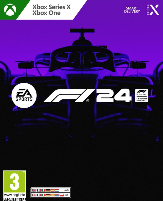 F1 24 gamecover met een paars verlichte Formule 1-auto en de game-logo's.