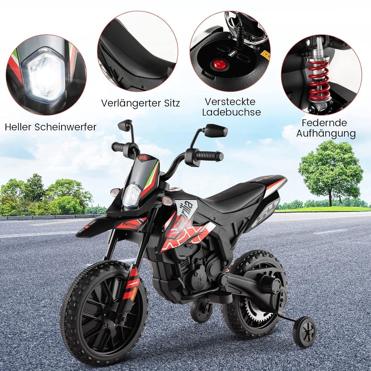 SnelShoppen - Elektrische Motorfiets voor Kinderen - 12V, 5,5-6 km/u, Kindermotor met Steunwielen, Muziek en Koplampen, Rood/Zwart, Geschikt voor 3-8