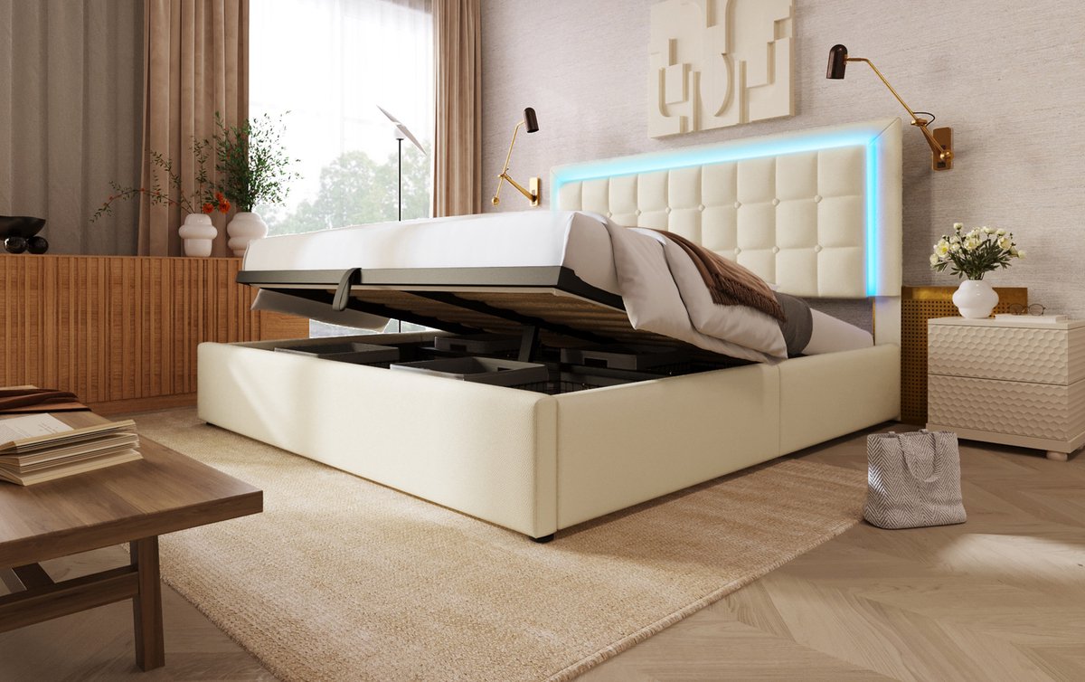 FloraGrace Gestoffeerd Bed 140x200 cm - Tweepersoonsbed met LED Verlichting en Opbergruimte - Kunstleer - Wit - Zonder Matras
