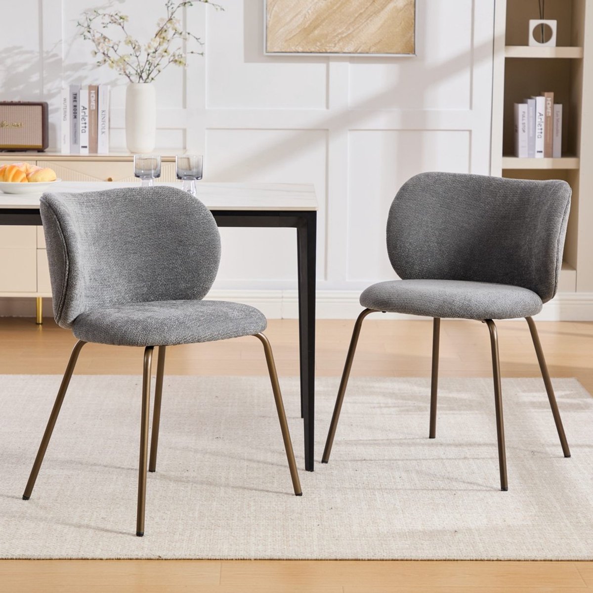 Pugsdrly Eetkamerstoelen in eigentijdse chenille, comfortabele gebogen rugleuning met zachte bekleding, bronzen metalen poten – geef je keuken een upgrade met modern comfort en stijl, set van 2, grijze kleur
