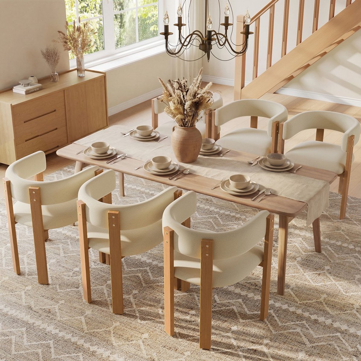 Pugsdrly Ergonomische eetkamerstoelen (6 stuks) met dikke vulling, stevige ijzeren poten en houtlook – ademend, onderhoudsvriendelijk, stoelen voor slaapkamer, eetkamer en woonkamer Beige, naturel
