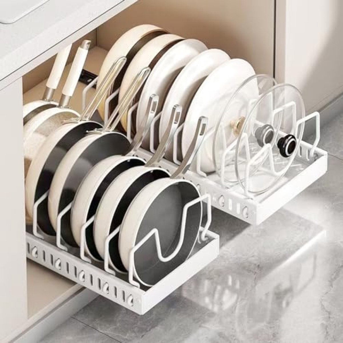 Huis Geluk Set van 2 uittrekbare potten- en pannenorganizer voor kast - 21x42x3.2 cm - met 8 verstelbare scheidingswanden - wit