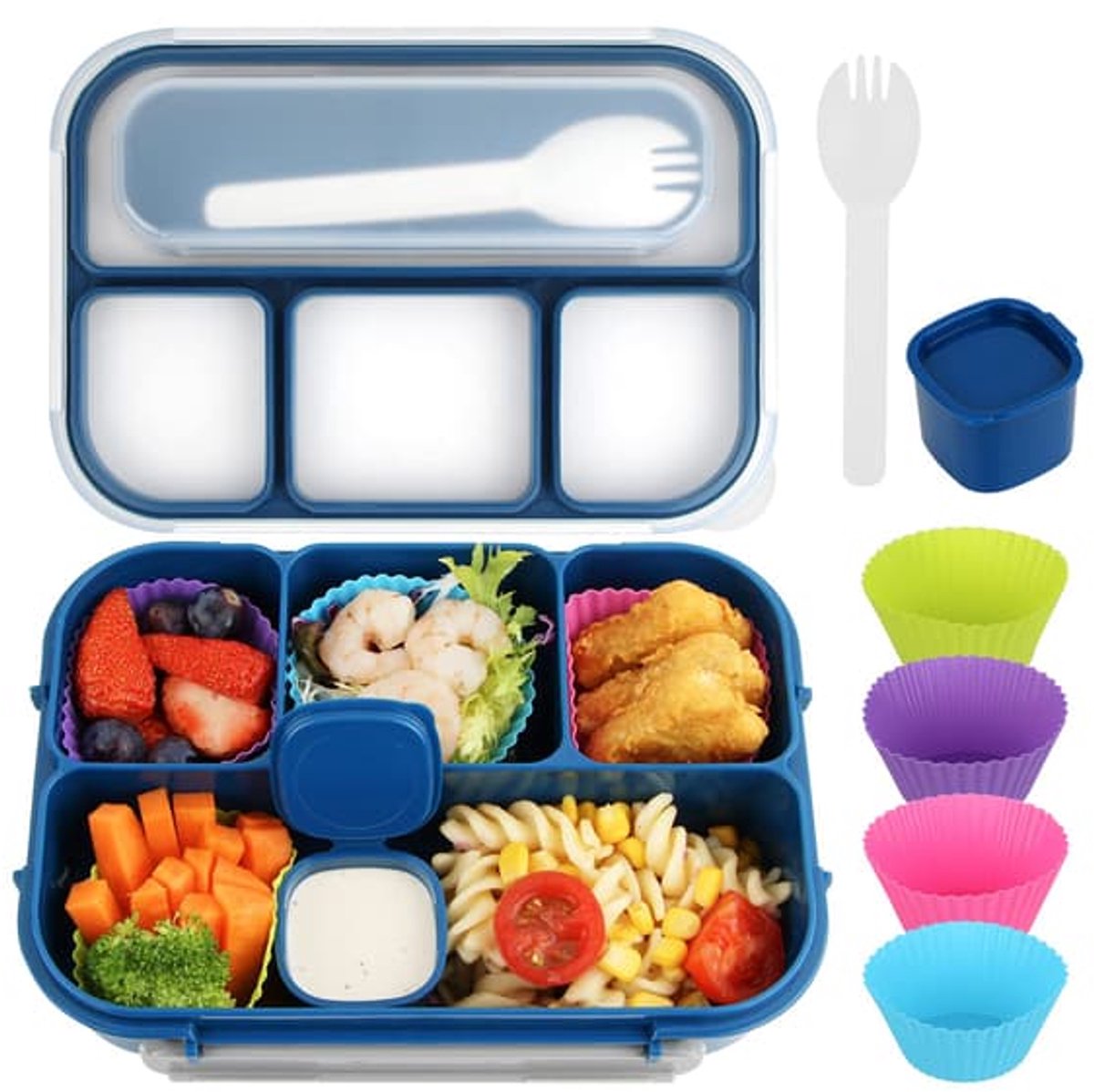 Kinderbentobox, kinderlunchbox, lunchbox voor volwassenen, 4-vaks, lekvrije snackpot (met saus), servies (blauw)