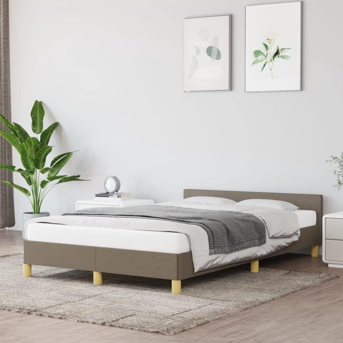 Bedframe met hoofdeinde - Bed met lattenbodem - Comfortabel slapen - Ademende stof - 120 x 200 cm - Taupe