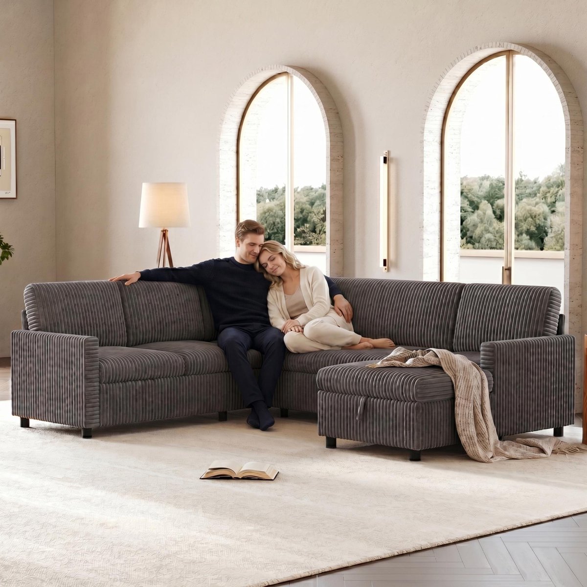 Modern U-vormige hoekbankbed - met slaapfunctie - uitschuifbare slaapbank - met opbergruimte en chaise longue - grijs