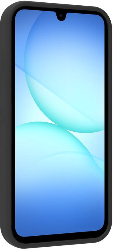 Zwarte telefoonhoes met een lichtblauwe schermachtergrond.