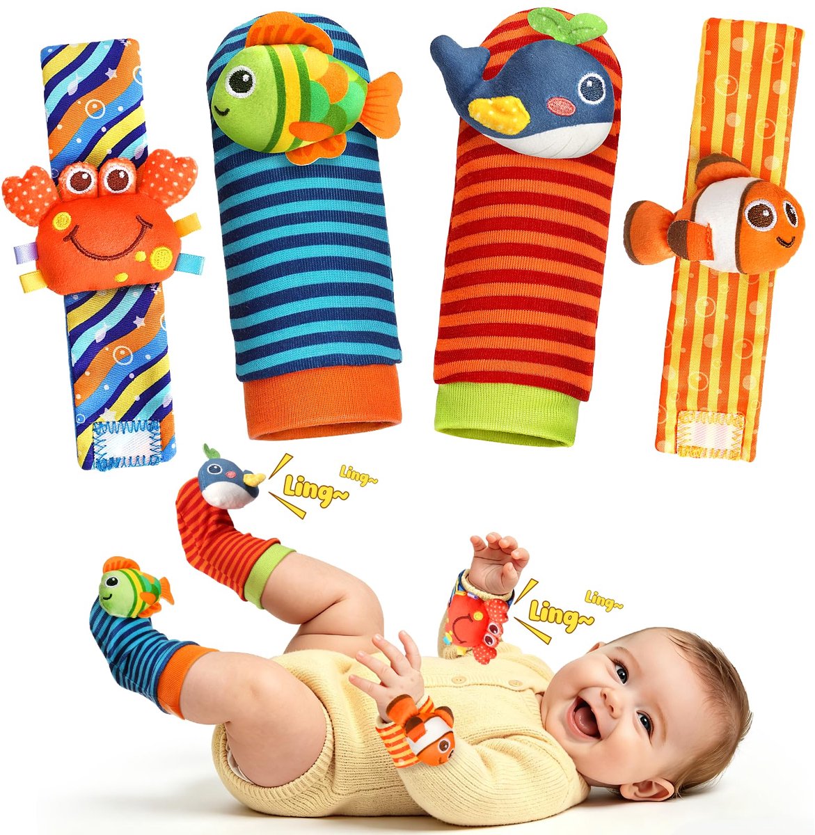 Babysokken - Montessori speelgoed 0-6 maanden - Baby rammelaar - 4 stuks pasgeboren rammelaar pols- en enkelsokken voor baby's - Sensorische rammelaars - Zacht speelgoed - Oceaanserie