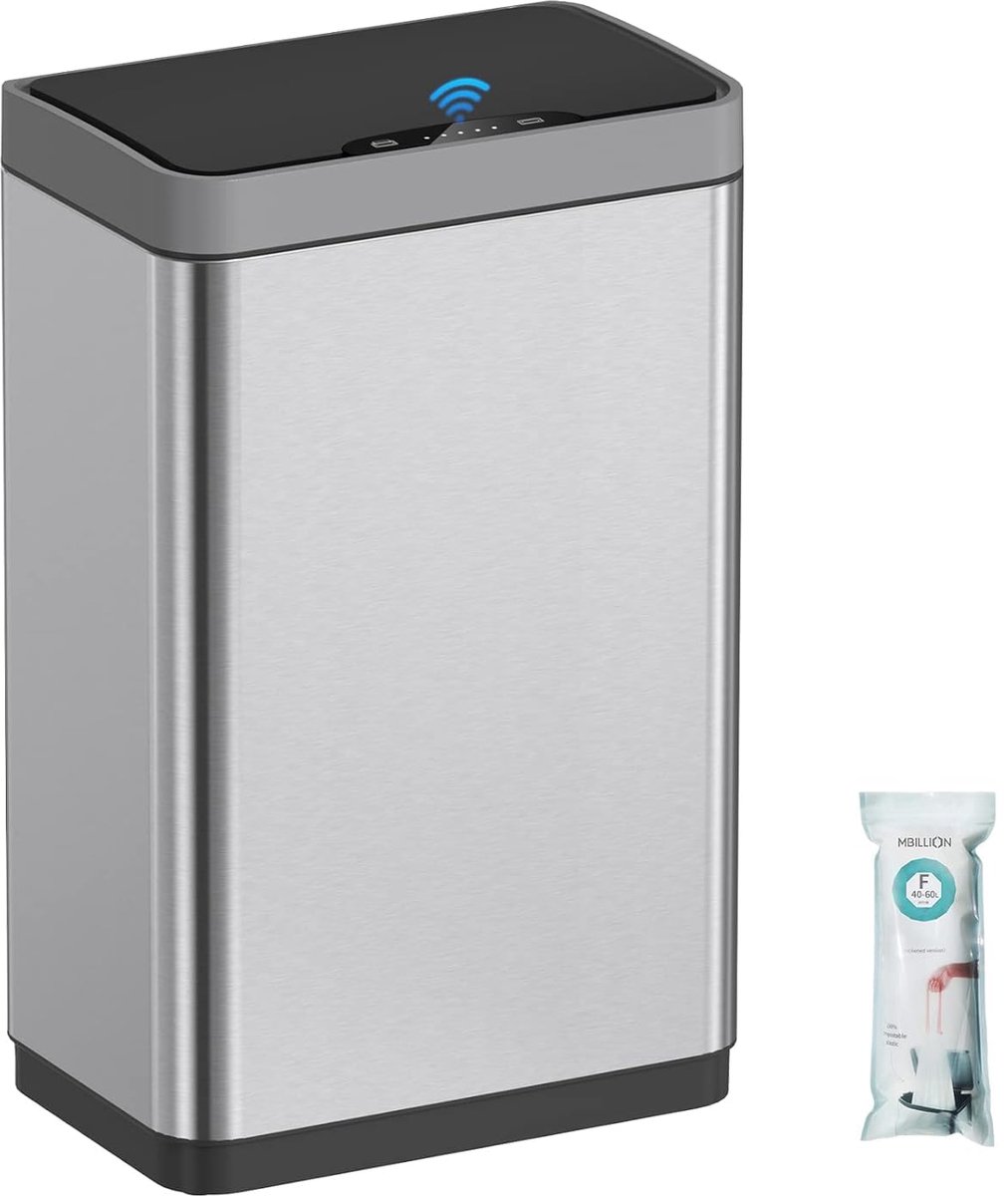 SnelShoppen - Automatische vuilnisemmer 50 l met contactloze sensor, roestvrij staal, intelligente deksel voor keuken, slaapkamer, thuiskantoor, zilve