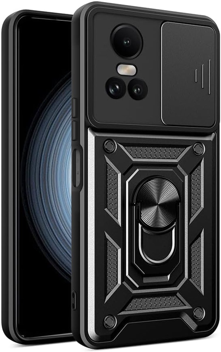 Hoes voor mobiele telefoon voor Oppo Reno 10 5G / Oppo Reno 10 PRO 5G, zachte TPU/PC siliconen hoes en lens, stootvaste beschermhoes met 360 graden draaibare ringhouder, case, zwart