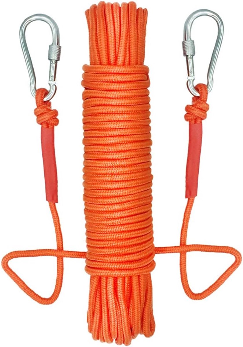 Touw voor Magneetvissen met 2 Veersluitingen | 20m Lang, Oranje, Diameter van 8mm, Draagvermogen van 200kg - voor Neodymium Magneten, Vastzetten van Goederen en Waslijn
