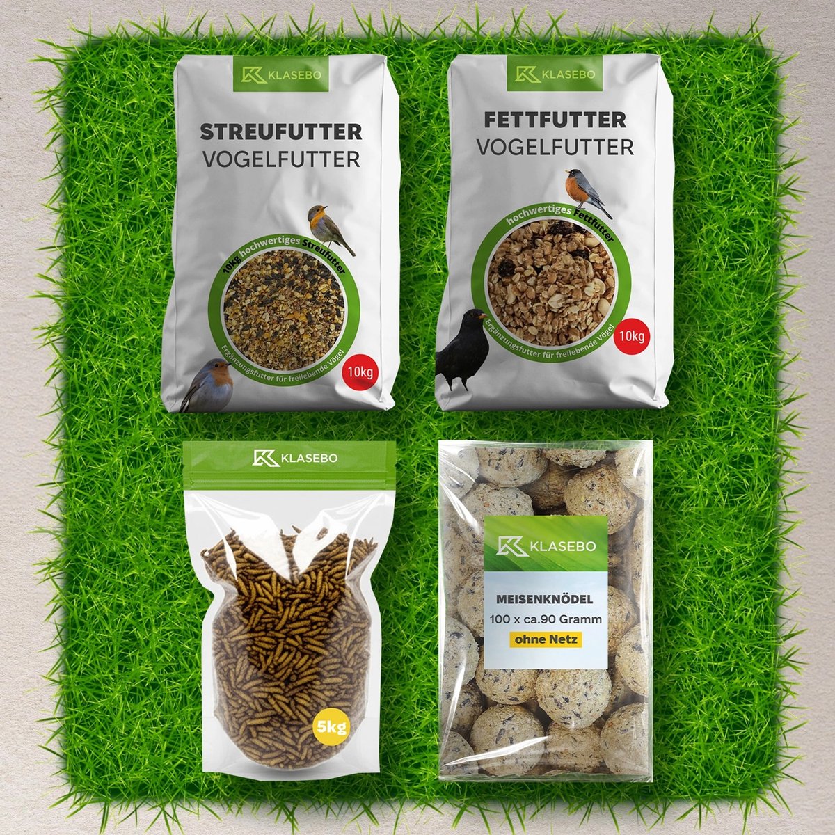 Premium vogelvoerpakket voor wilde vogels 34 kg – strooivoer, suetmix, gedroogde larven en 100 vetbollen