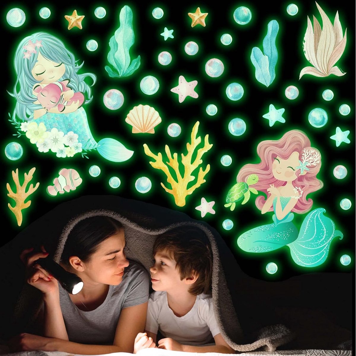 Muurstickers Lichtgevende Kinderkamer Meermin, Onderwaterwereld