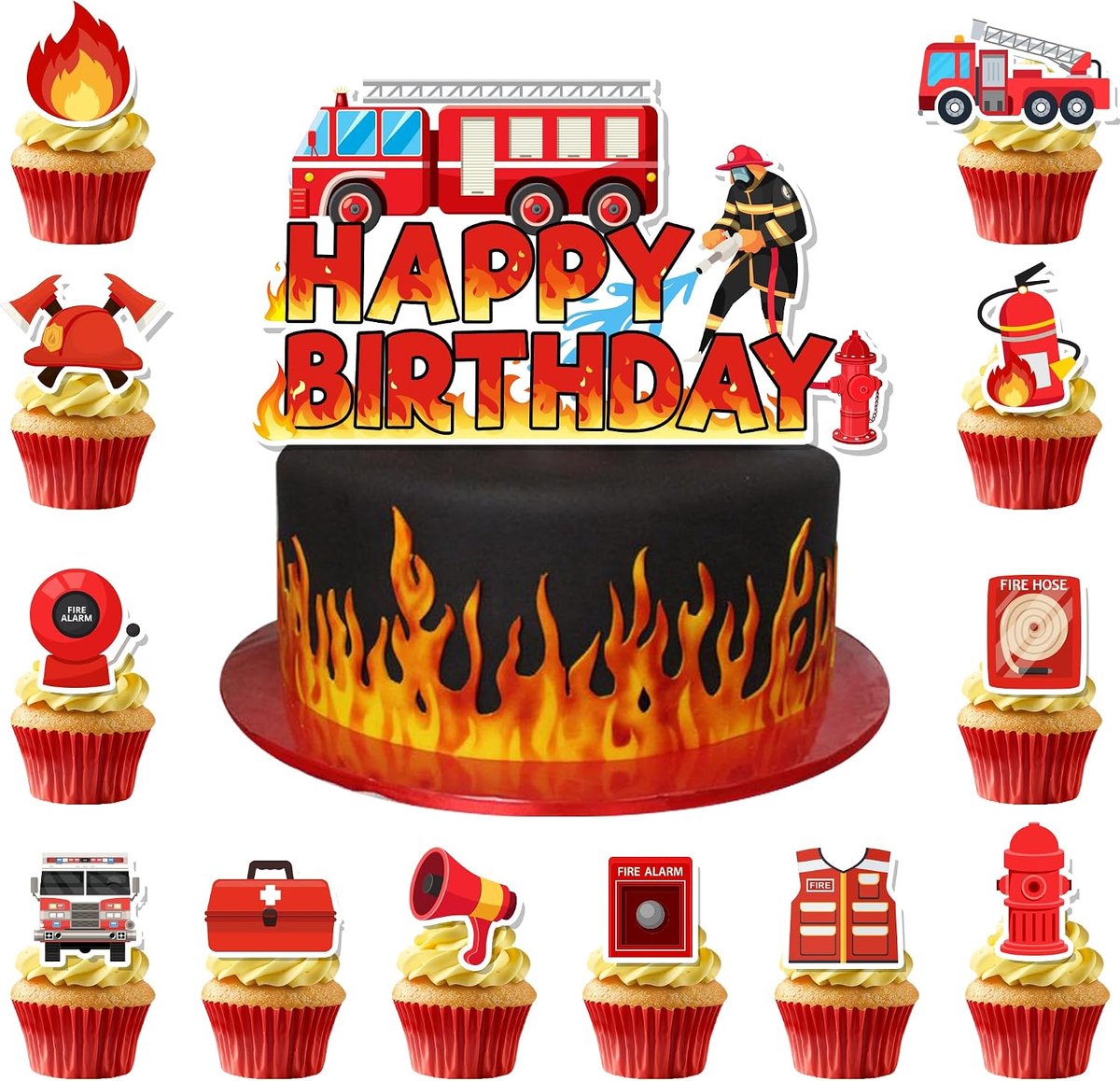 Taartdecoratie Verjaardag, 25 stuks Brandweer Decoratieset - Taartdecoratie Brandweer/Brandweerwagen Cupcake Toppers voor Kinderen