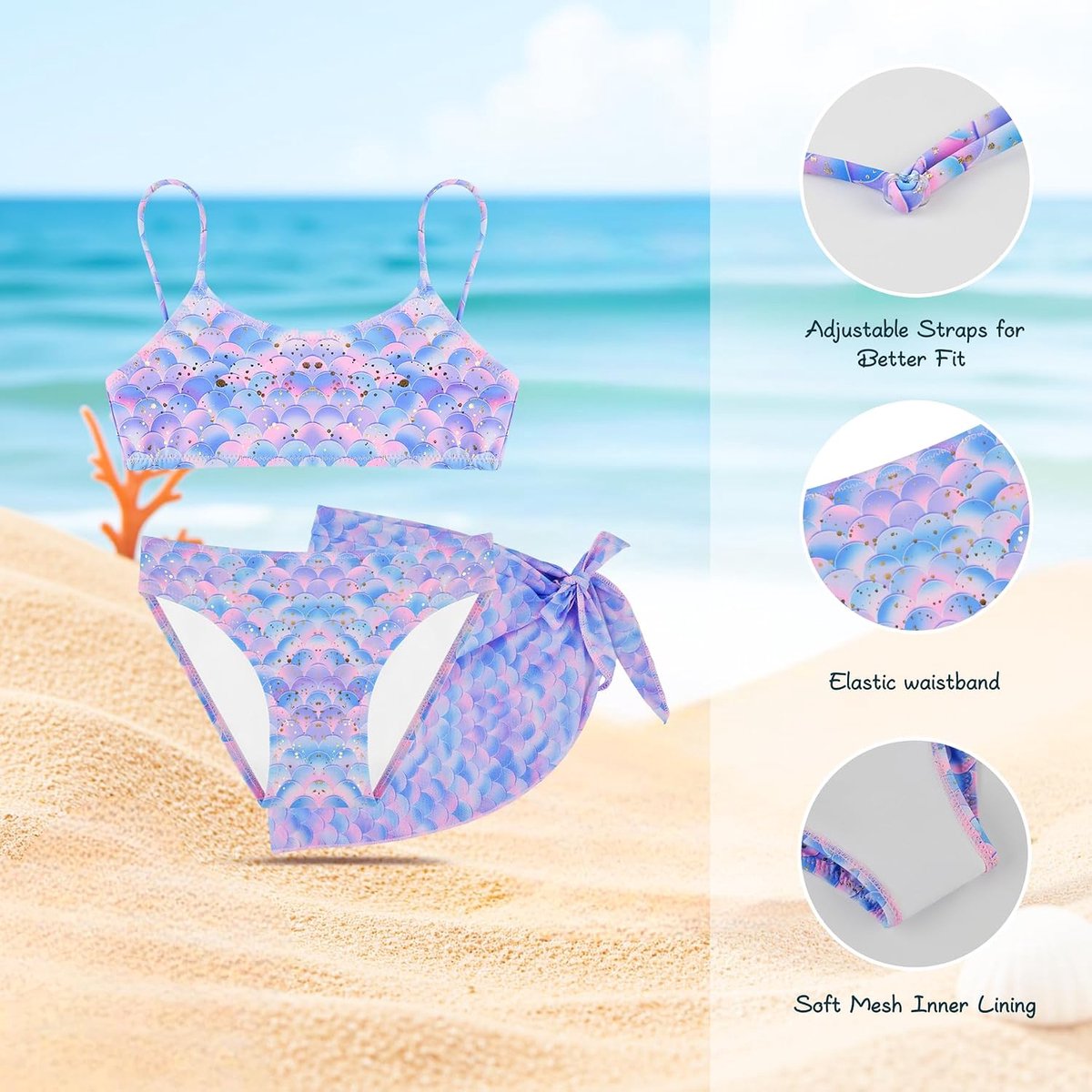 3-delige Bikini Set met Sarong Rok, Tweedelige Badkleding met