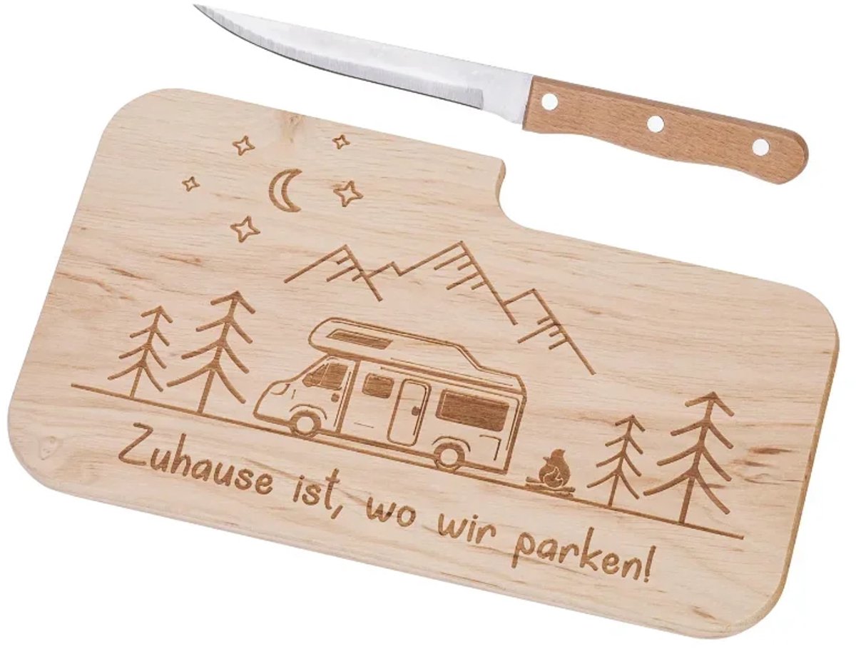 Snijplank Camping met mes van elzenhout 26 x 15 cm