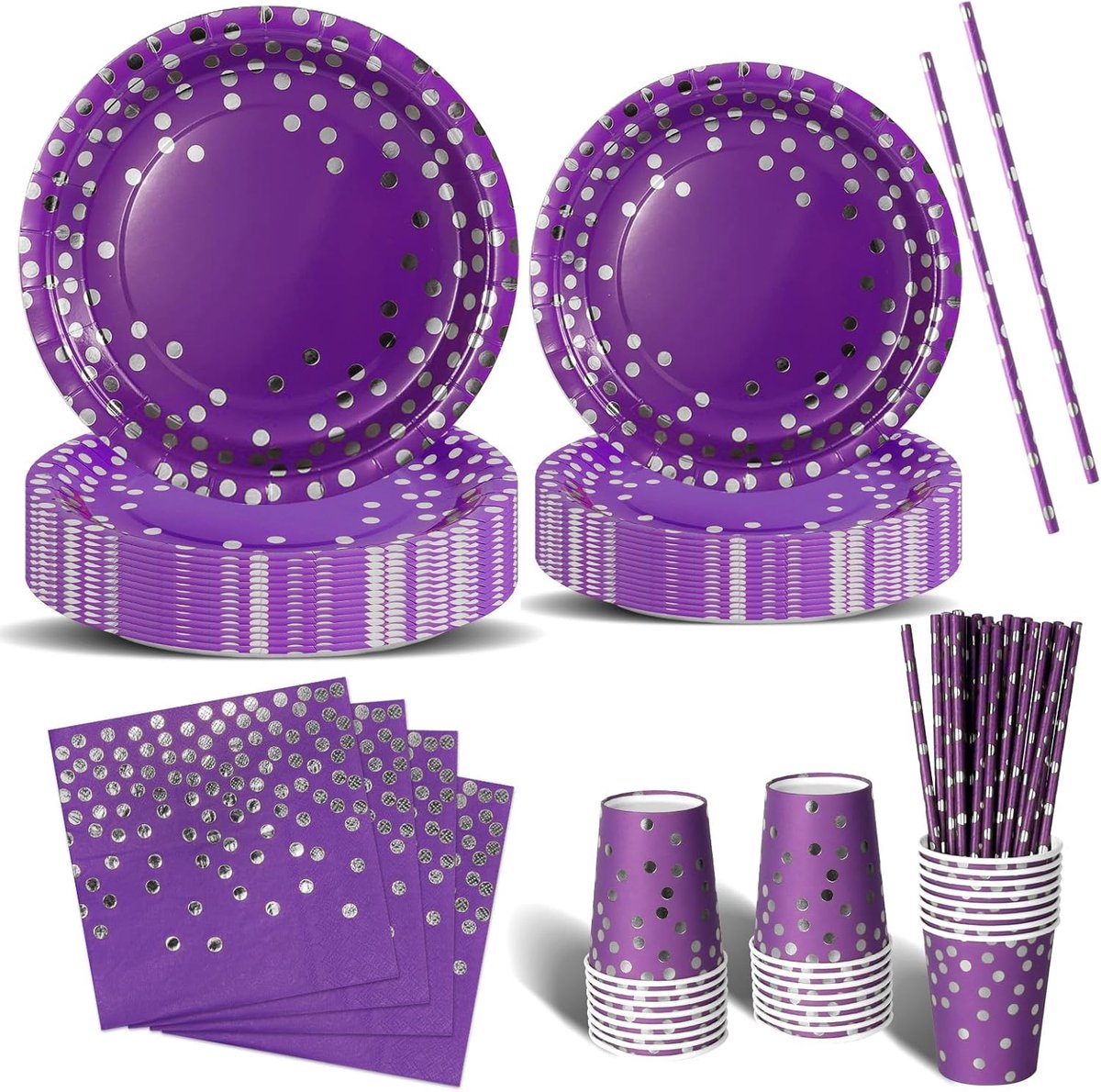 Party Tableware 120-delige paarse en zilveren kinderverjaardagsfeestjes-servies Set bevat papieren borden, servetten, bestek voor decoraties, doopfeesten, bruiloften, babyborrels - 24 gasten