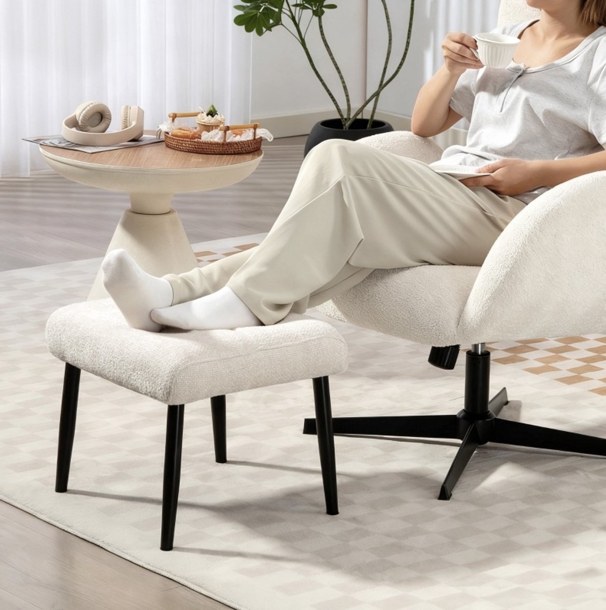 COVREO Hocker 45 x 41 x 38 cm cremewit, stof met stalen poten
