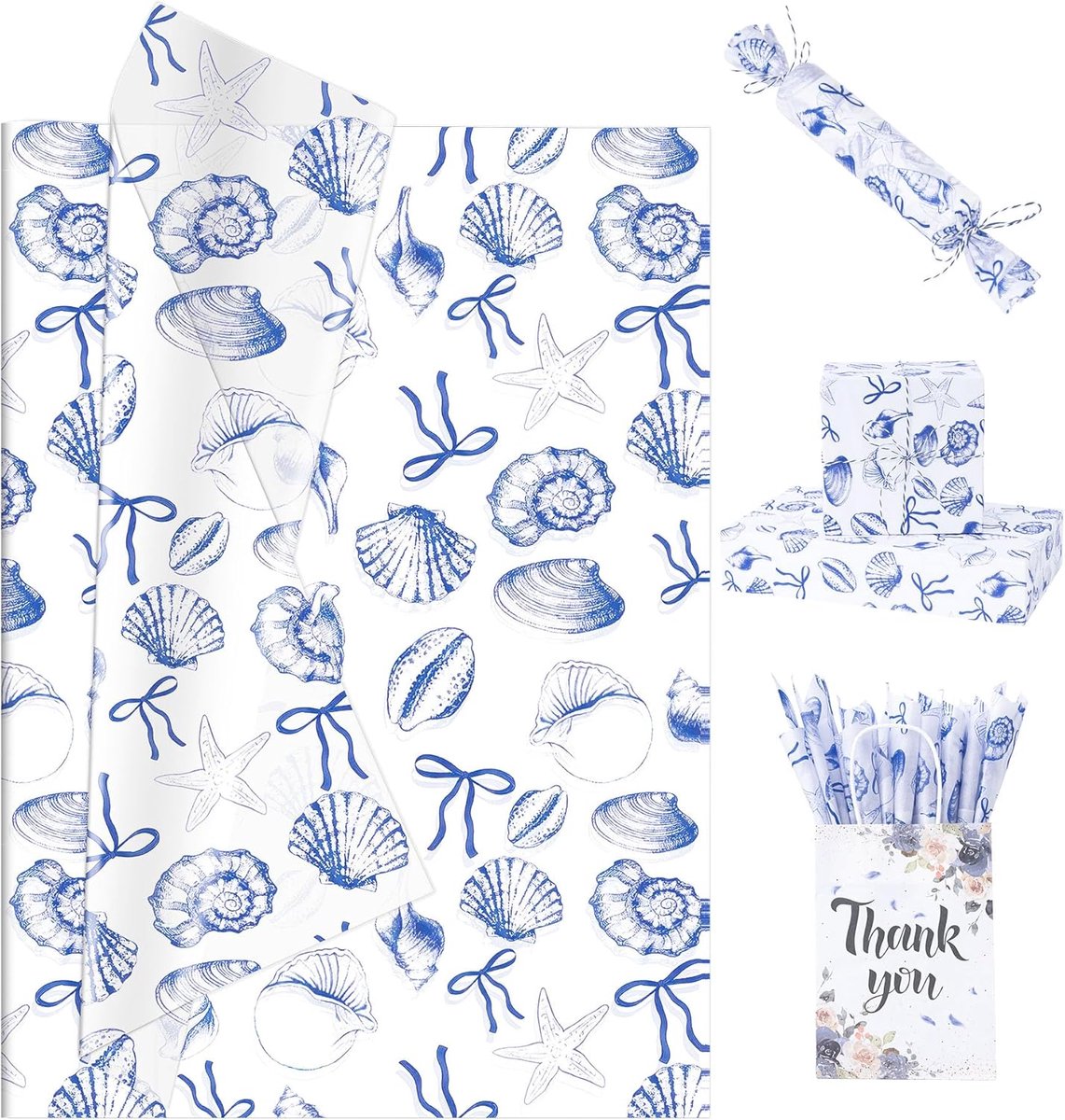 Zijdepapier blauw en wit met schelpen