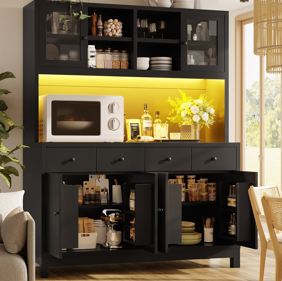 MIVRAY Keukenkast - Hoge Buffetkast Met RGB Led En 4 Lades - Voor Keuken, Eetkamer En Woonkamer - MDF - Zwart - 140 X 38,5 X 180 Cm