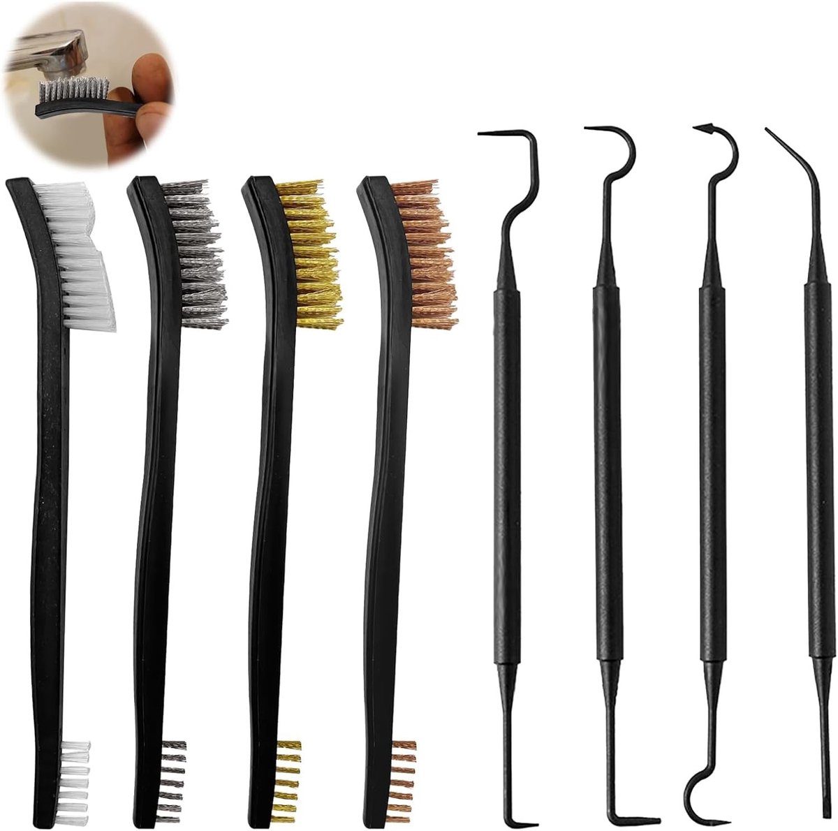 Set van 8 Kleine Draadborstels voor Reinigen, RVS, Messing en Nylon met 4 Dubbelzijdige Haakjes voor Efficiënte Schoonmaak