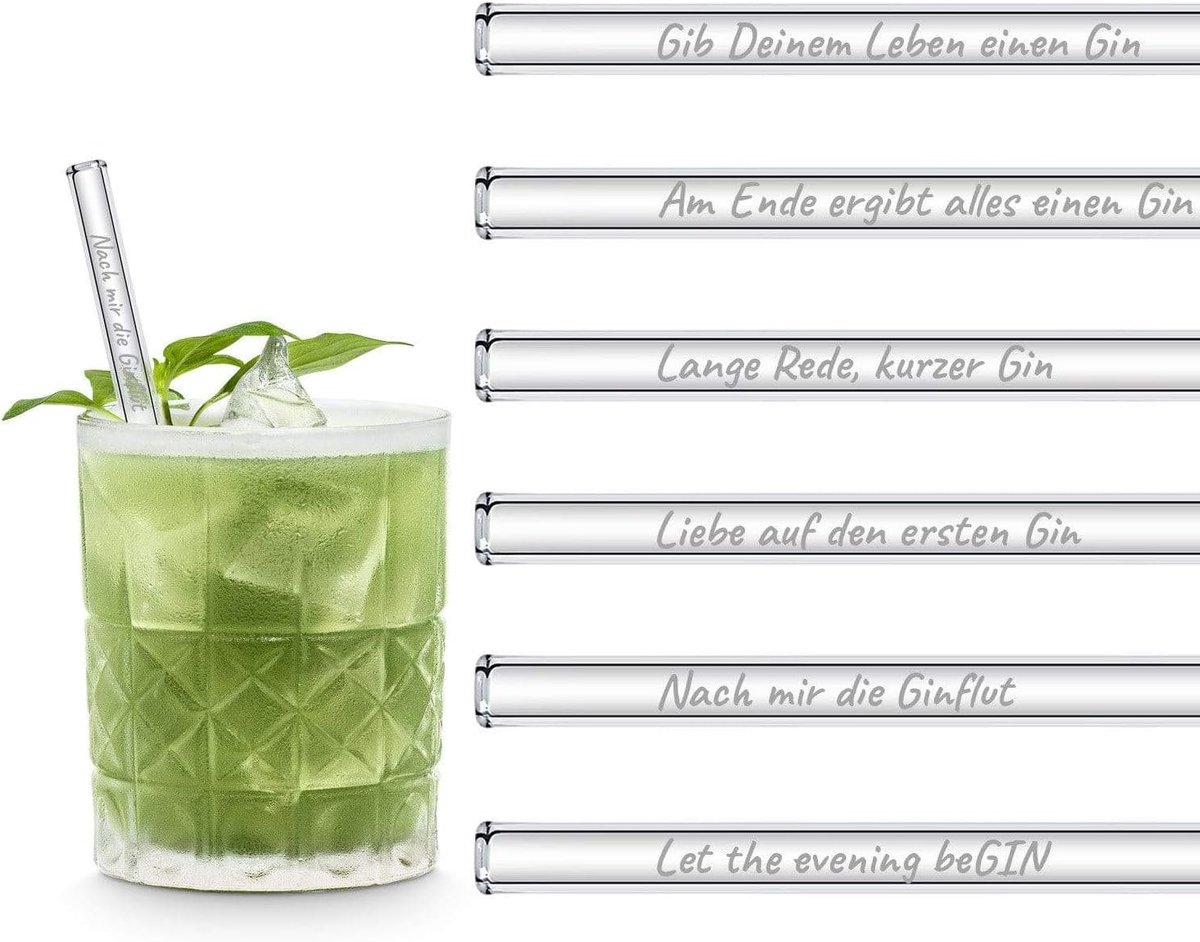 Glazen rietjes Gin spreuken Edition 6 x 15 cm met gegraveerde
