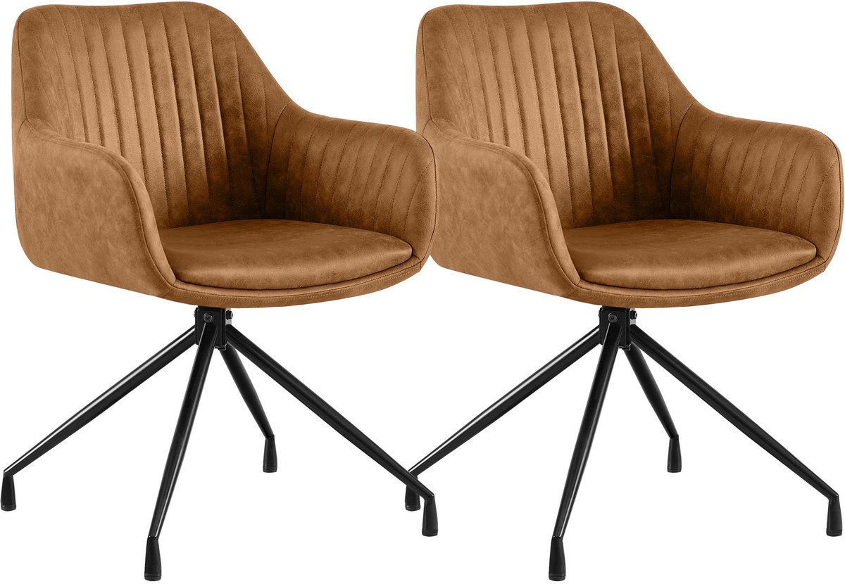 CLP Novanis Eetkamerstoelen Set van 2 - Draaibaar 180° met Terugkeerfunctie - Armleuningen - Metalen Frame Vintage kunstleer/licht bruin