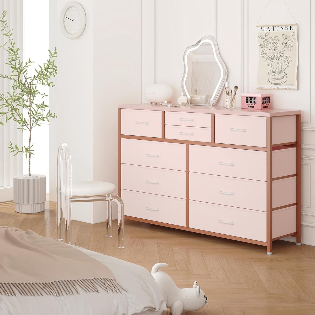 Triumpunpre - Ladekast 10 lades in stof – Metalen frame Houten blad – Met handgrepen – Opbergmeubel – Voor entree, slaapkamer en woonkamer – Roze