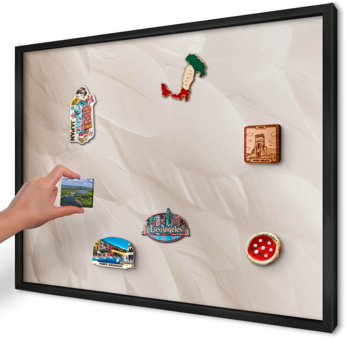 Artprintcave Romig Magneetbord mit Zwart Frame - 70x50 cm - Crèmekleurige Veren Bord Voor Magneten - Minimalist Magneetbord Voor Foto's - Texturen