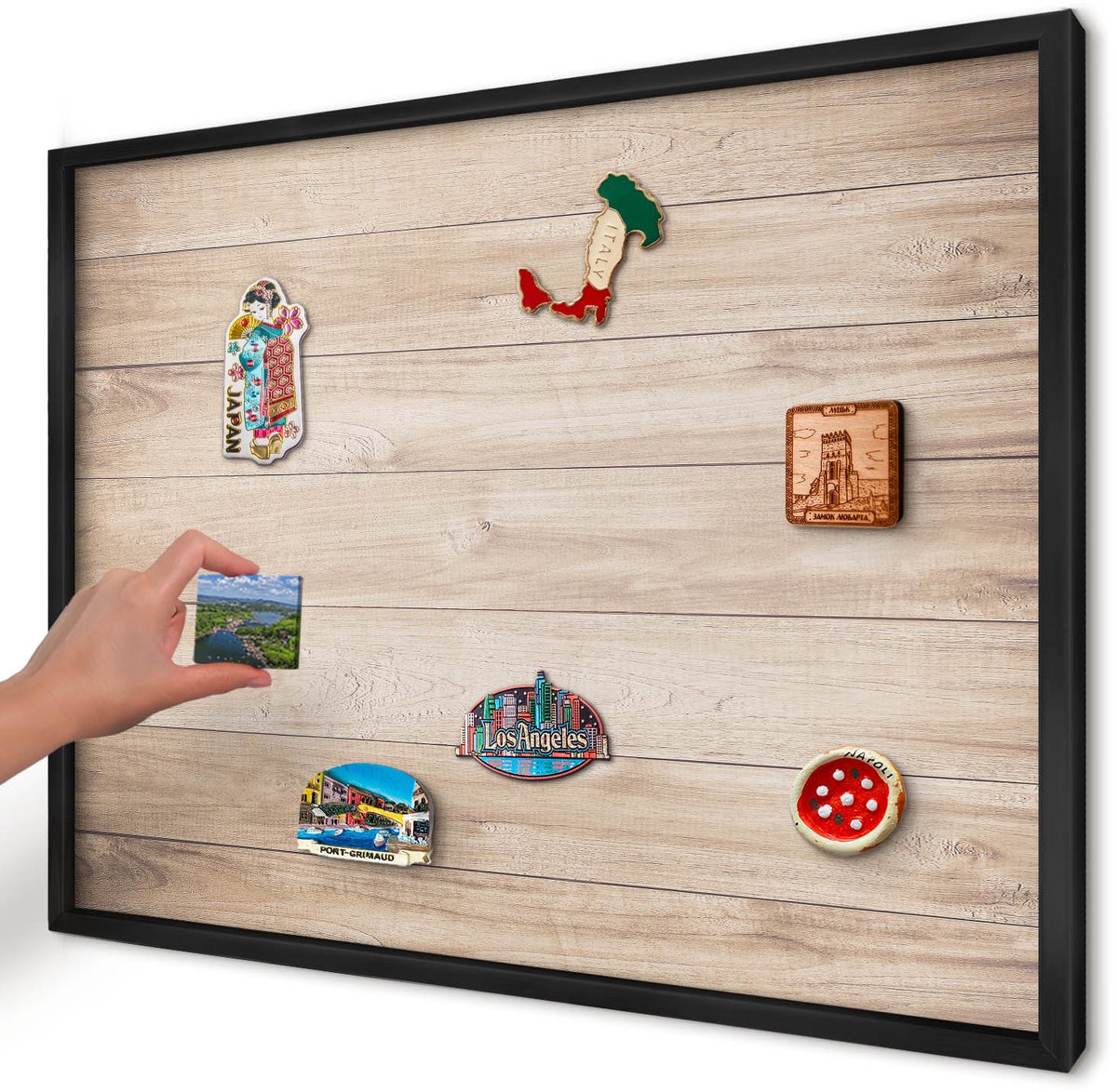 Artprintcave Bruin Magneetbord mit Zwart Frame - 70x50 cm - Houten Planken Magnetische Organizer - Rustiek Memobord Keuken - Texturen