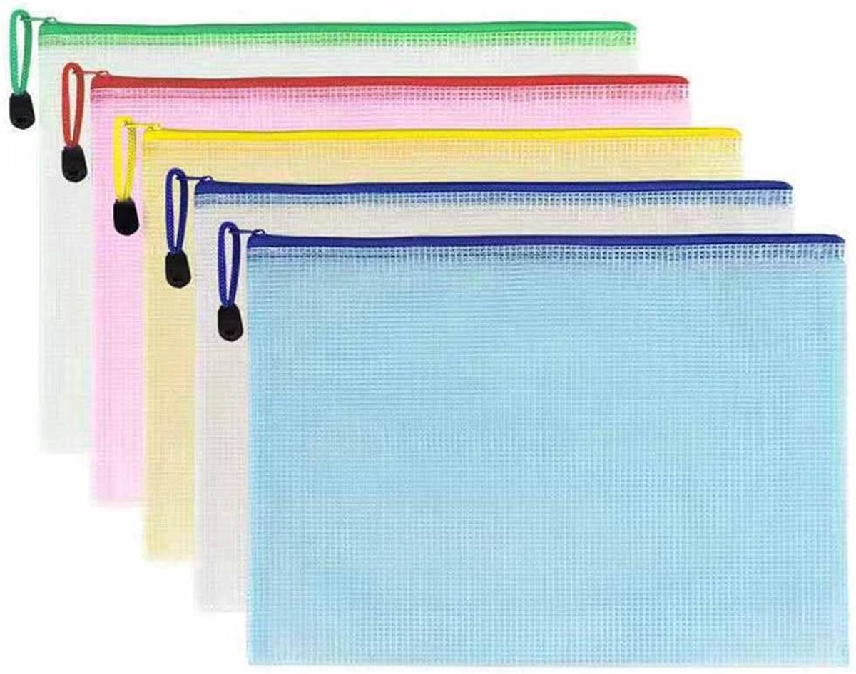 5 stuks documentenvakken met ritssluiting, pvc-kunststof, ritsvak, transparant, waterdicht, mesh, documentenmap, bestandsvakken voor papier, documenten, factuur B6, gemengde kleur