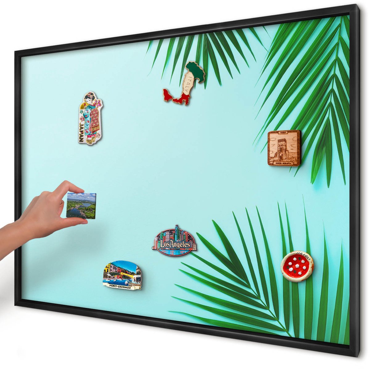 Artprintcave Groente Magneetbord mit Zwart Frame - 100x70 cm - Groene Bladeren Memobord Keuken - Minimalist Magneet Bord mit Frame - Natuur