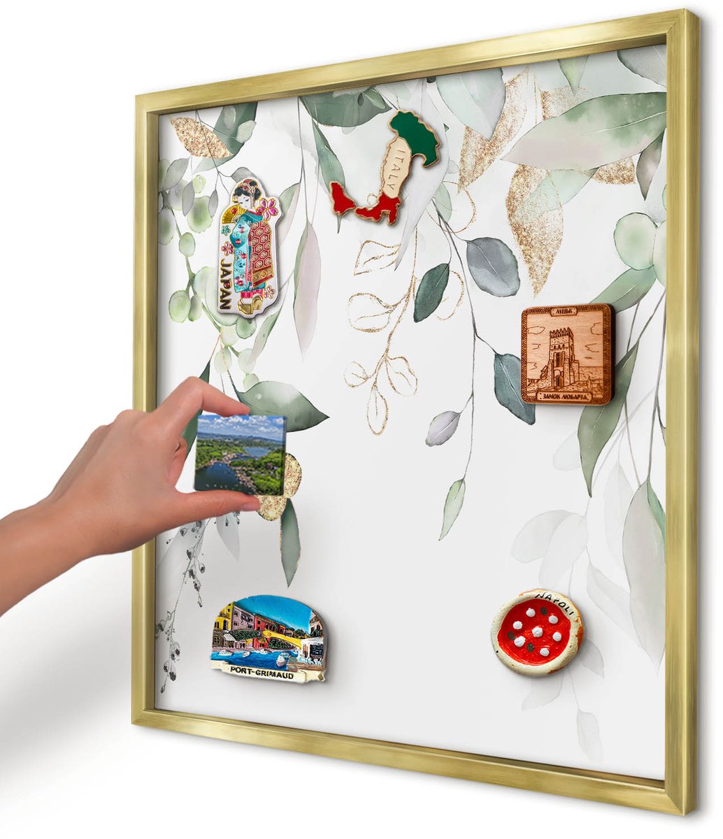 Artprintcave Groente Magneetbord mit Gouden Frame - 50x50 cm - Groene Bladeren Wandbord Magnetisch - Waterverf Bord Voor Magneten - Bloemen En Planten